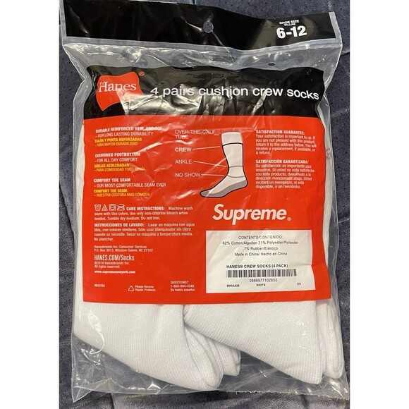 Supreme x Hanes Socks 4 Pack White Mens Size 6-12 Crew Socks Brand New Sealed - Picture 2 of 3